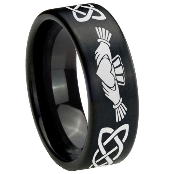 8mm-Irish-Claddagh-Pipe-Cut-Brush-Black-Tungsten-Carbide-Engraved-Ring