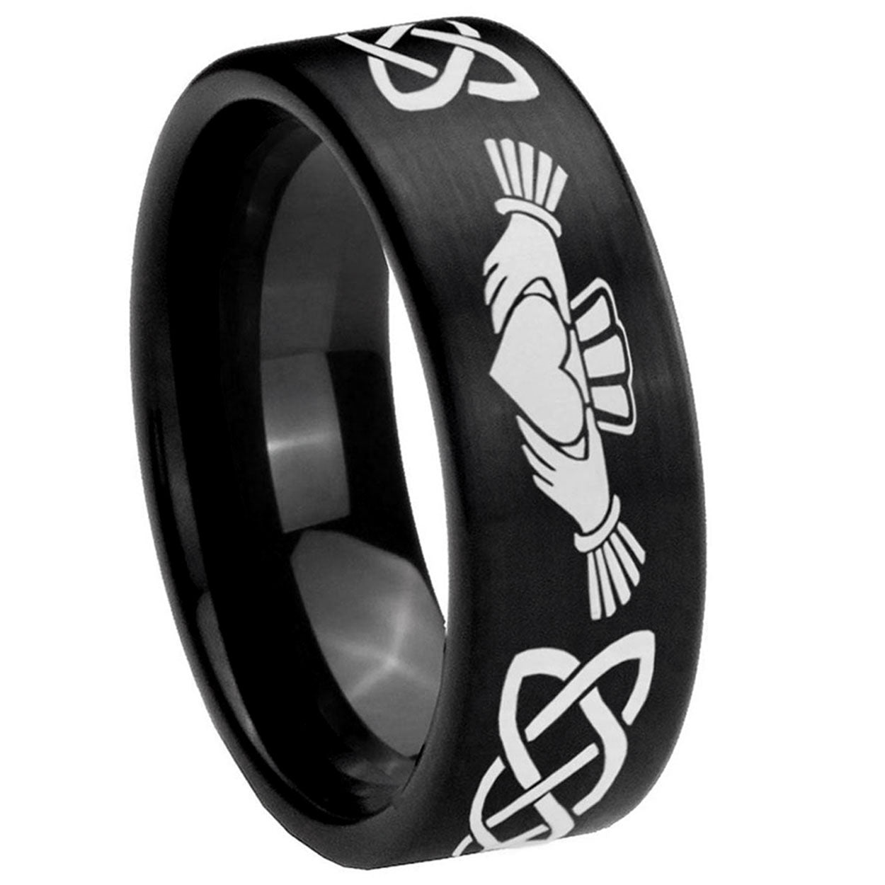 8mm Irish Claddagh Pipe Cut Brush Black Tungsten Ring