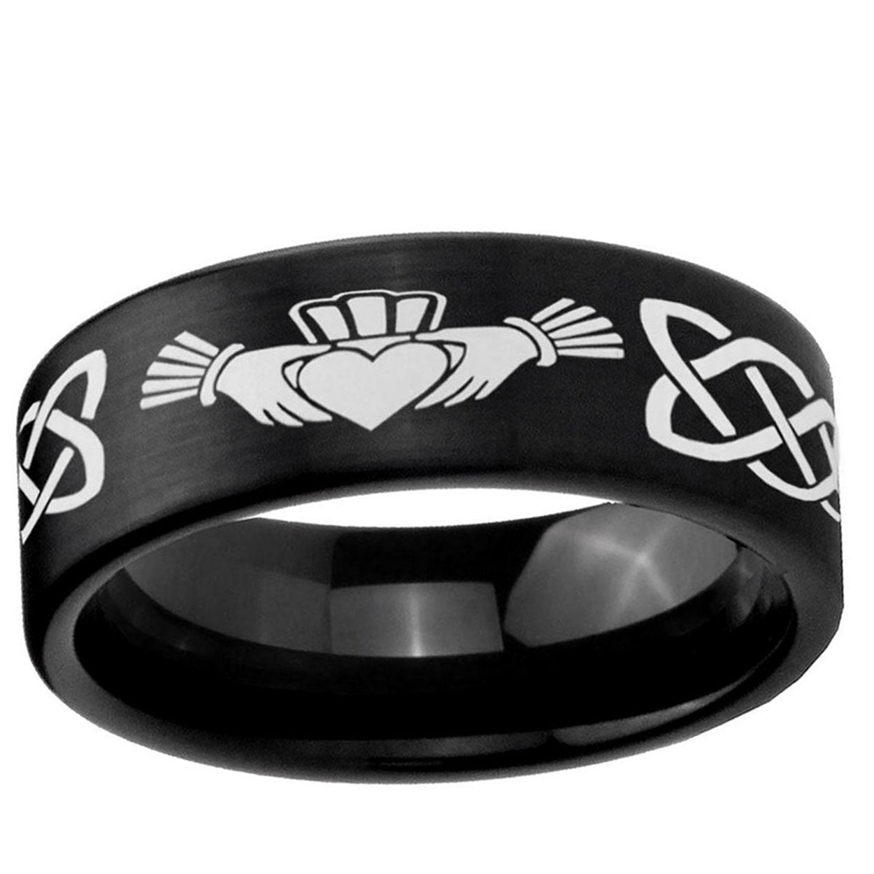 6mm Irish Claddagh Pipe Cut Brush Black Tungsten Ring
