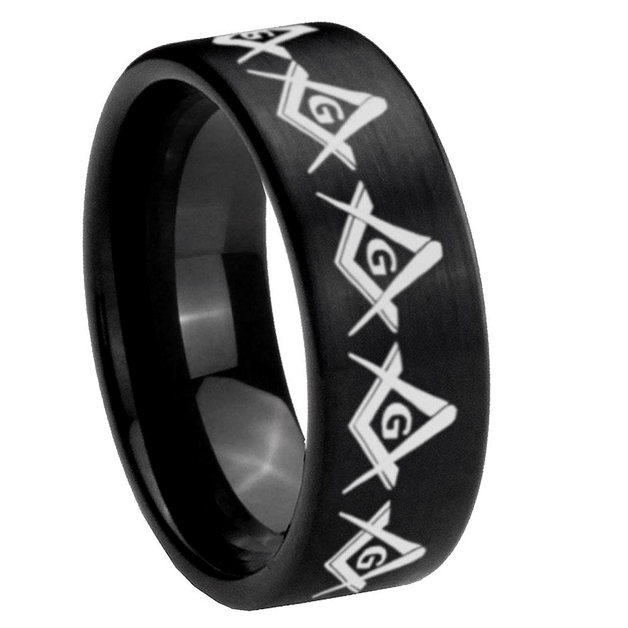8mm Masonic Square Compass Pipe Cut Brush Black Tungsten Ring