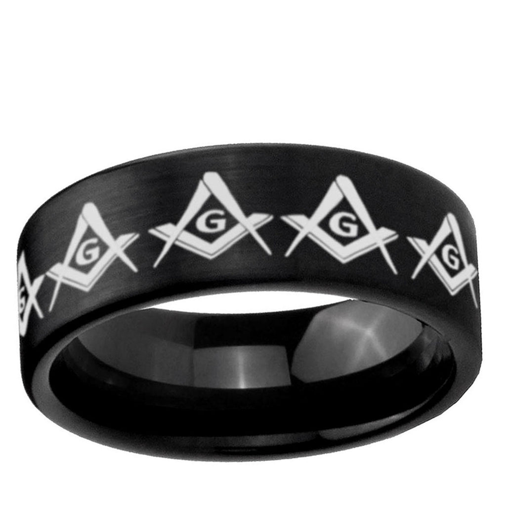 6mm Masonic Square Compass Pipe Cut Brush Black Tungsten Ring