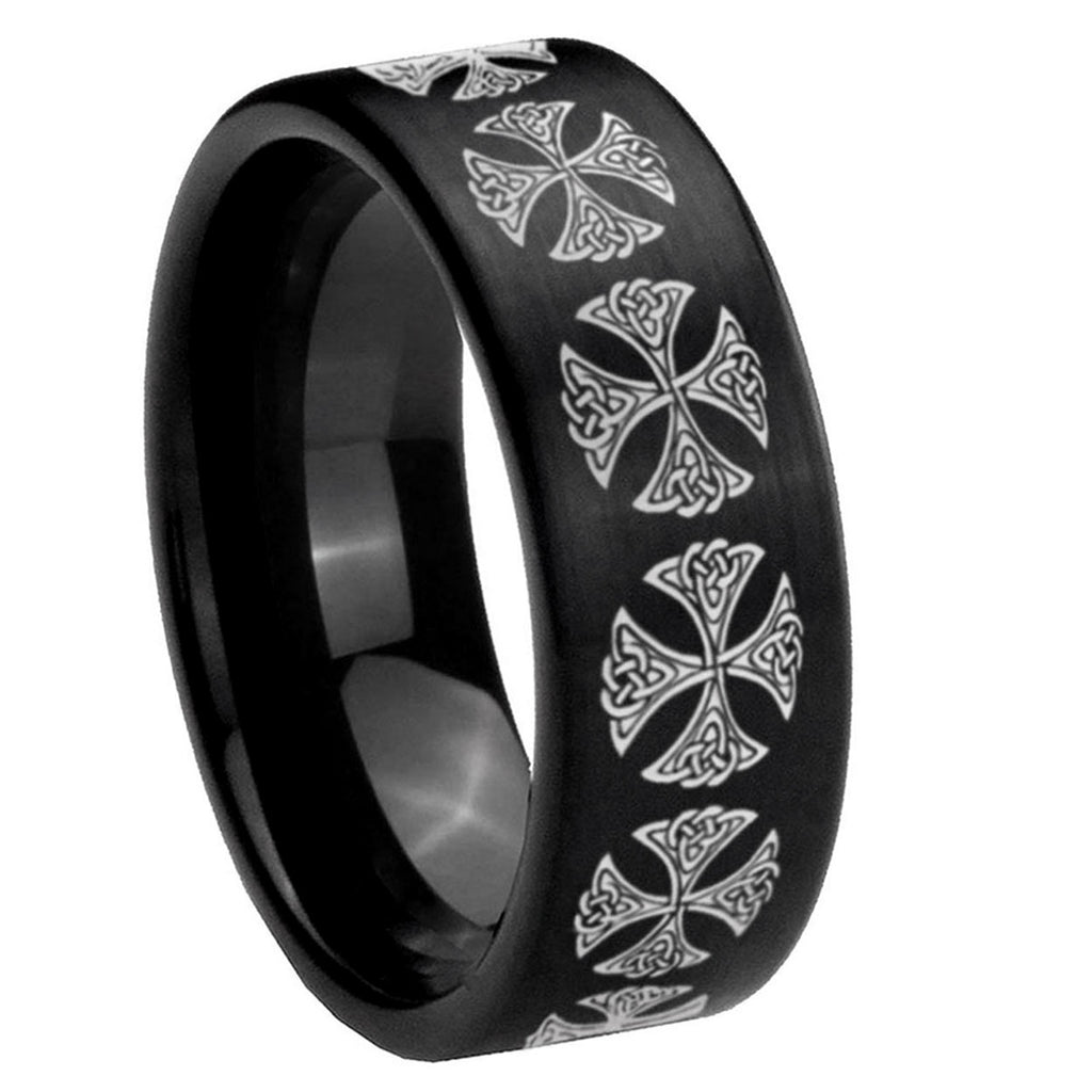8mm Medieval Cross Pipe Cut Brush Black Tungsten Ring