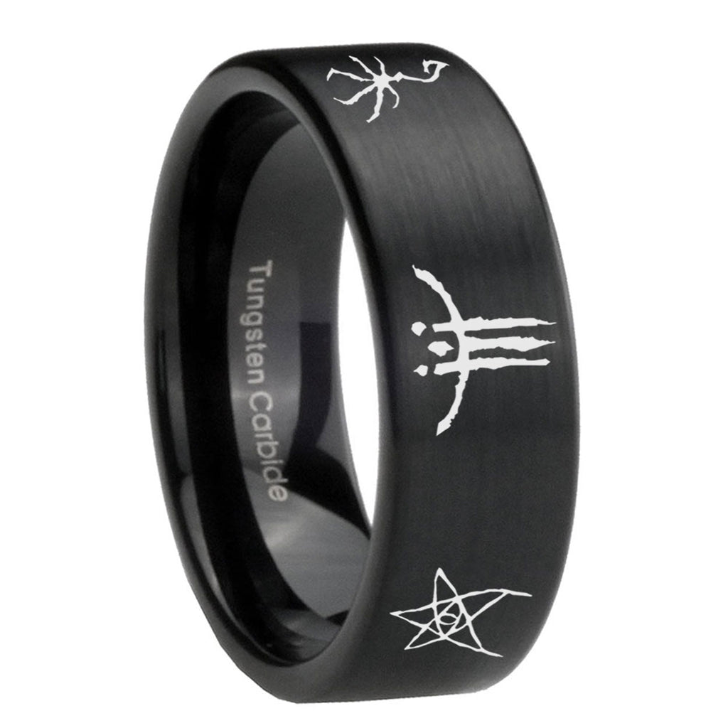 8mm Blackborne Caryll Runes Pipe Cut Black Ring Bands For Him
