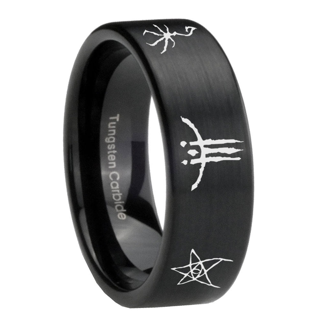 8mm Blackborne Caryll Runes Pipe Cut Black Ring Bands For Him