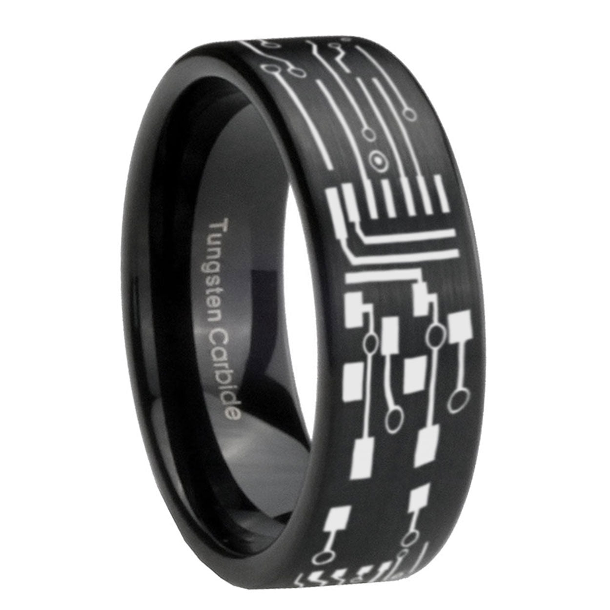 8mm Circuit Board Pipe Cut Black Ring Bands For Him