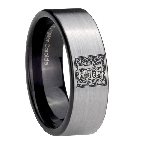 8mm-Pipe-Cut-Gray-Tungsten-Floral-Initial-Letter-F,-Monogram-Wedding-Ring