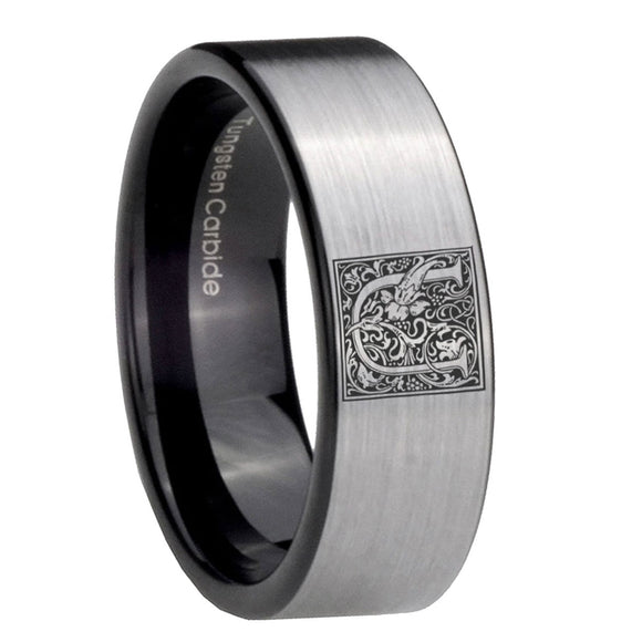 8mm-Pipe-Cut-Gray-Tungsten-Floral-Initial-Letter-U,-Monogram-Wedding-Ring