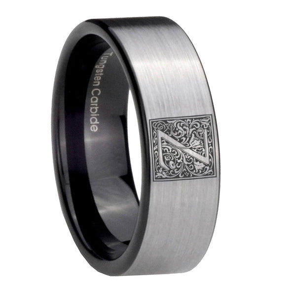 8mm-Pipe-Cut-Gray-Tungsten-Floral-Initial-Letter-Z,-Monogram-Wedding-Ring