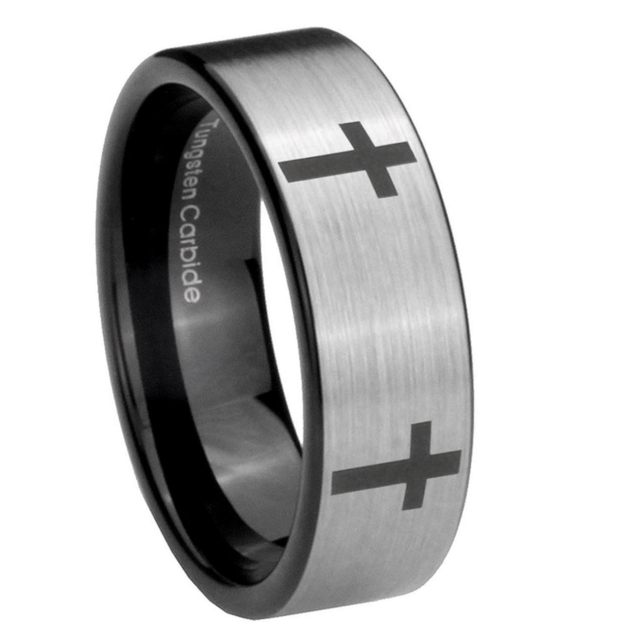 8mm Crosses Pipe Cut Brushed Silver Tungsten Engagement Ring