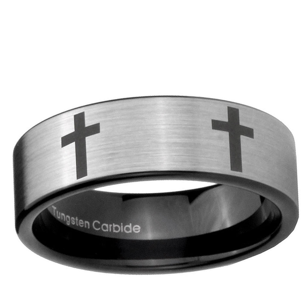 6mm Crosses Pipe Cut Brushed Silver Tungsten Engagement Ring