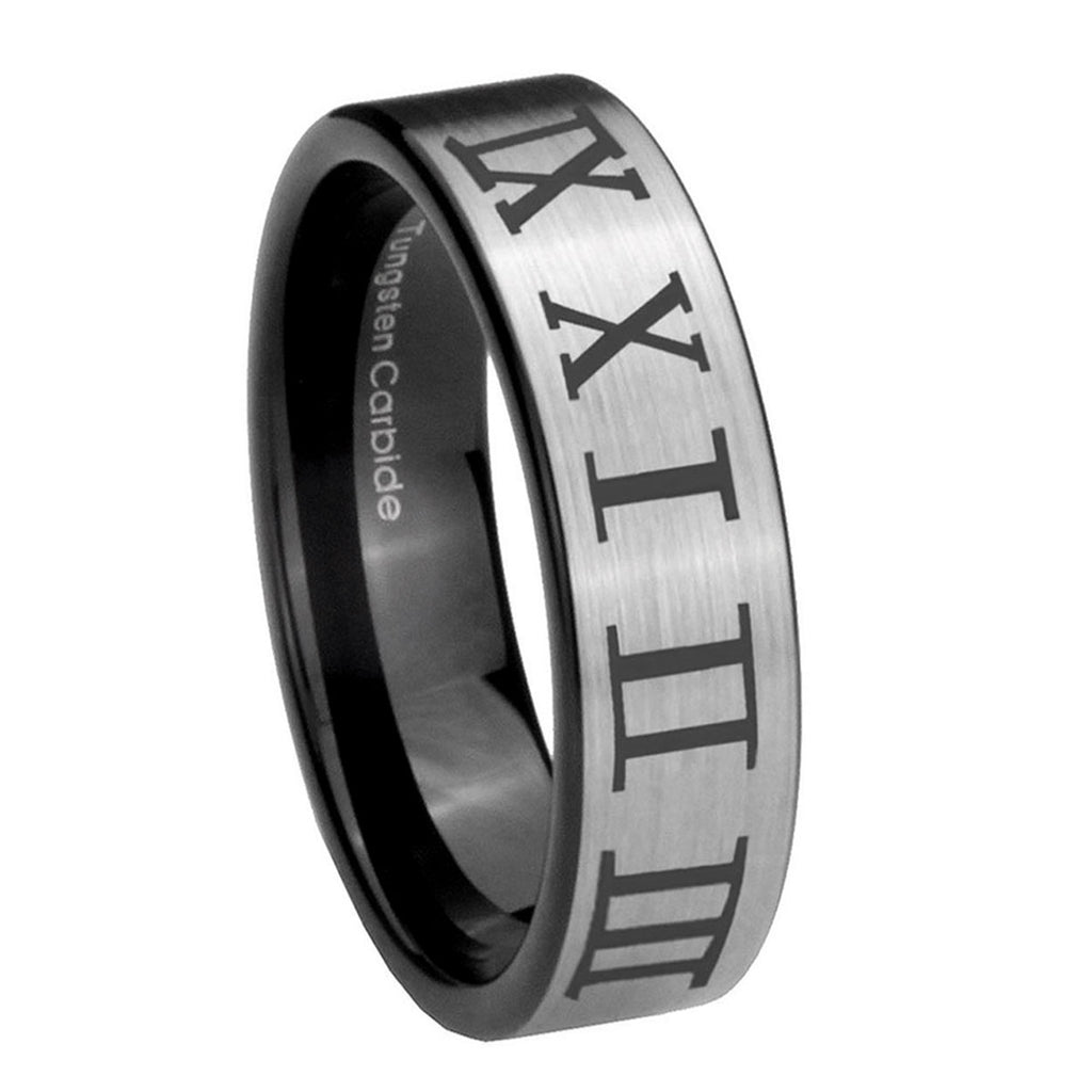 8mm Roman Numeral Pipe Cut Brushed Silver Tungsten Ring