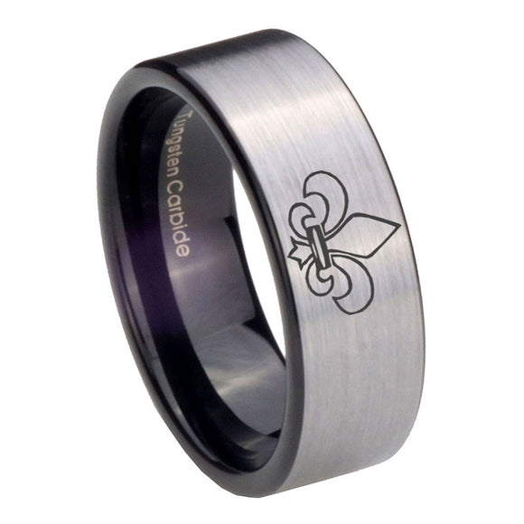 8mm-Fleur-De-Lis-Pipe-Cut-Brushed-Silver-Tungsten-Custom-Ring-for-Men