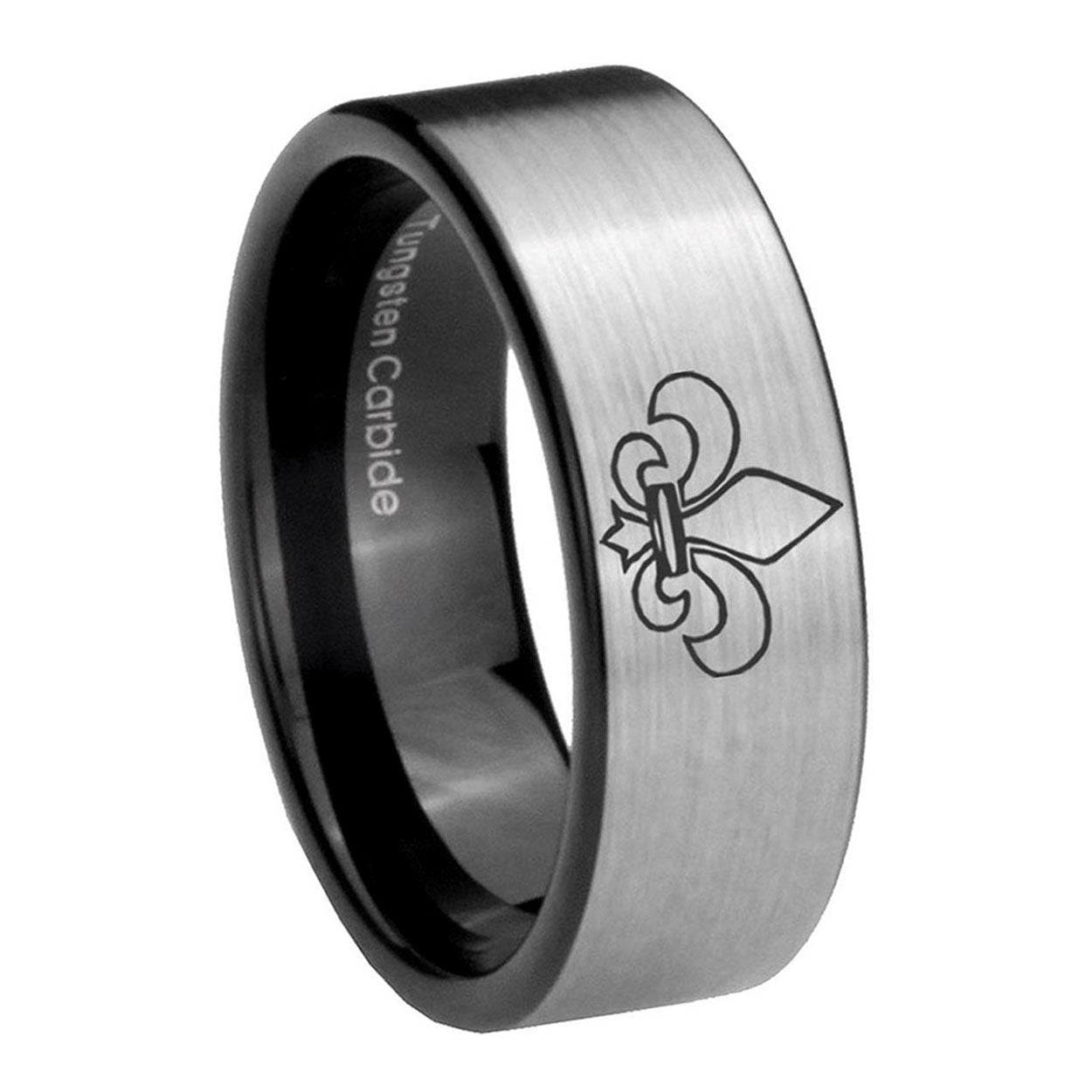 8mm Fleur-De-Lis Pipe Cut Brushed Silver Tungsten Ring