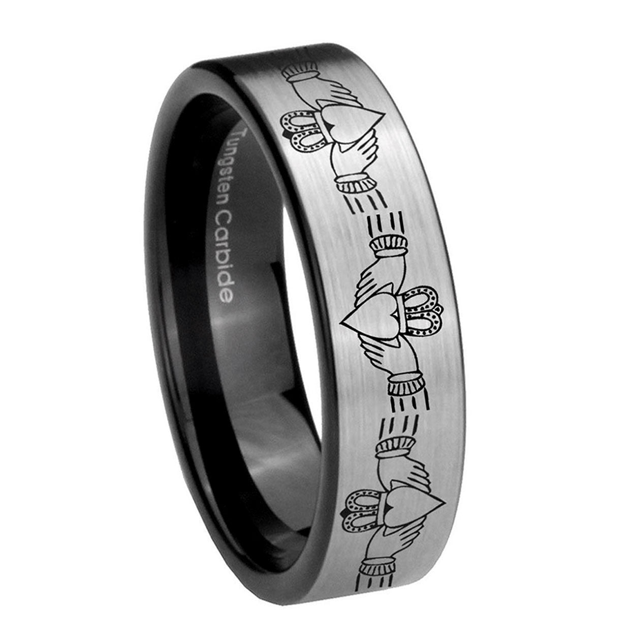 8mm Irish Claddagh Pipe Cut Brushed Silver Tungsten Bands