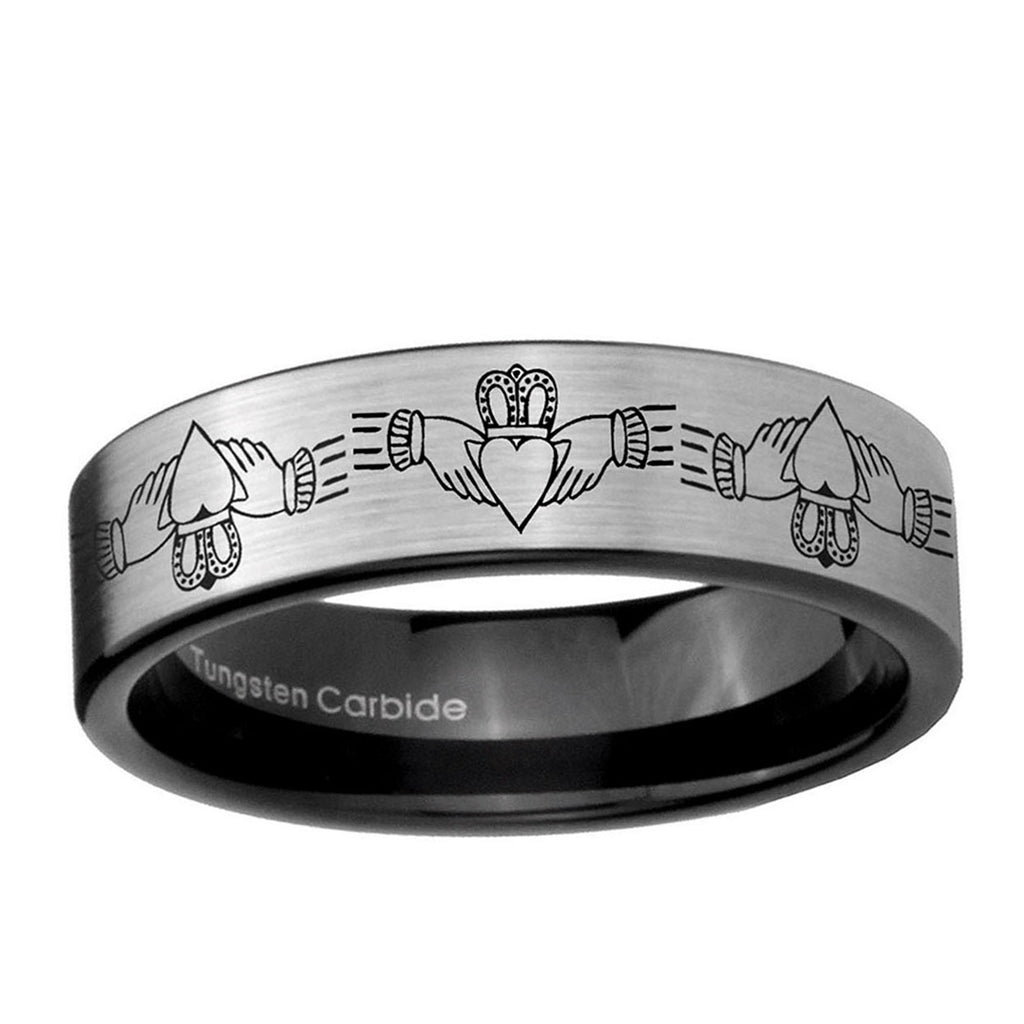 6mm Irish Claddagh Pipe Cut Brushed Silver Tungsten Bands