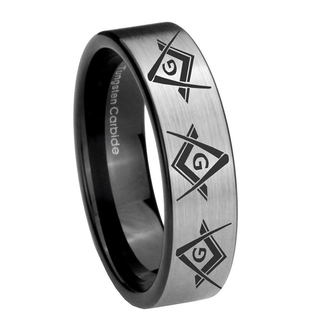8mm Master Mason Masonic Pipe Cut Silver Tungsten Ring