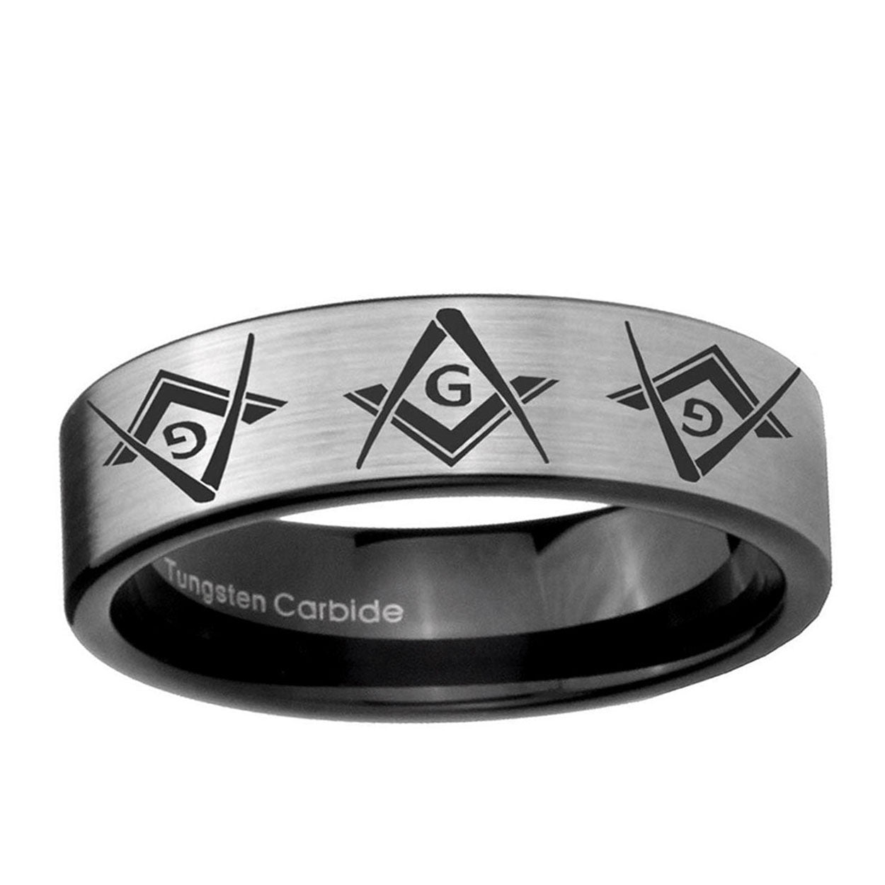 6mm Master Mason Masonic Pipe Cut Silver Tungsten Ring