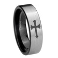 8mm Christian Cross Pipe Cut Brushed Silver Tungsten Ring