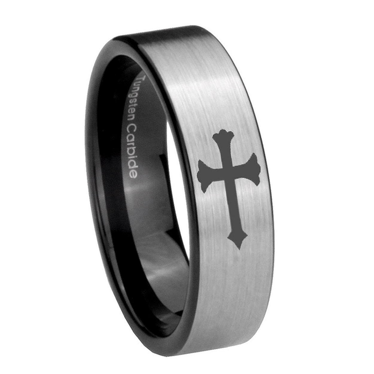 8mm Christian Cross Pipe Cut Brushed Silver Tungsten Ring