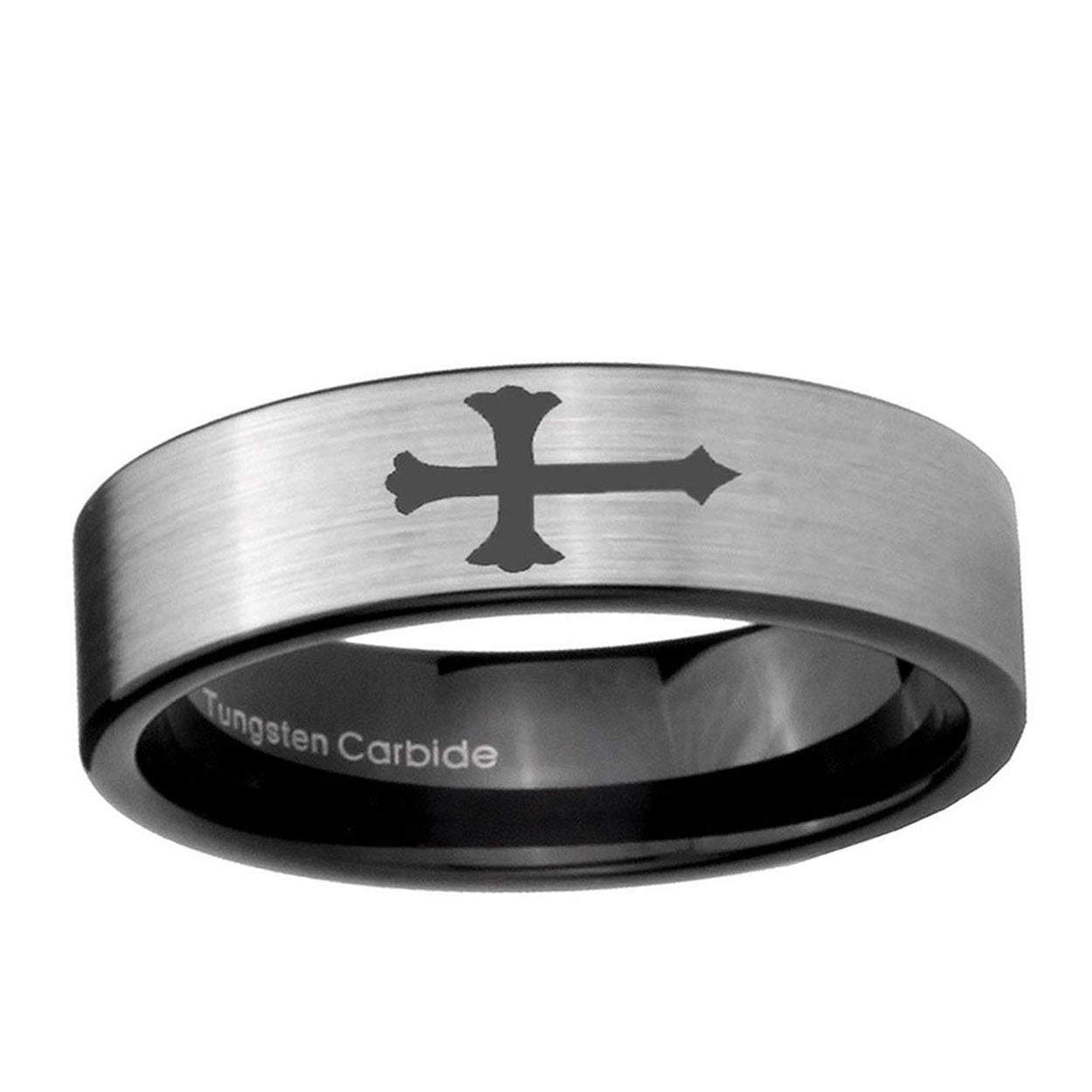 6mm Christian Cross Pipe Cut Brushed Silver Tungsten Ring