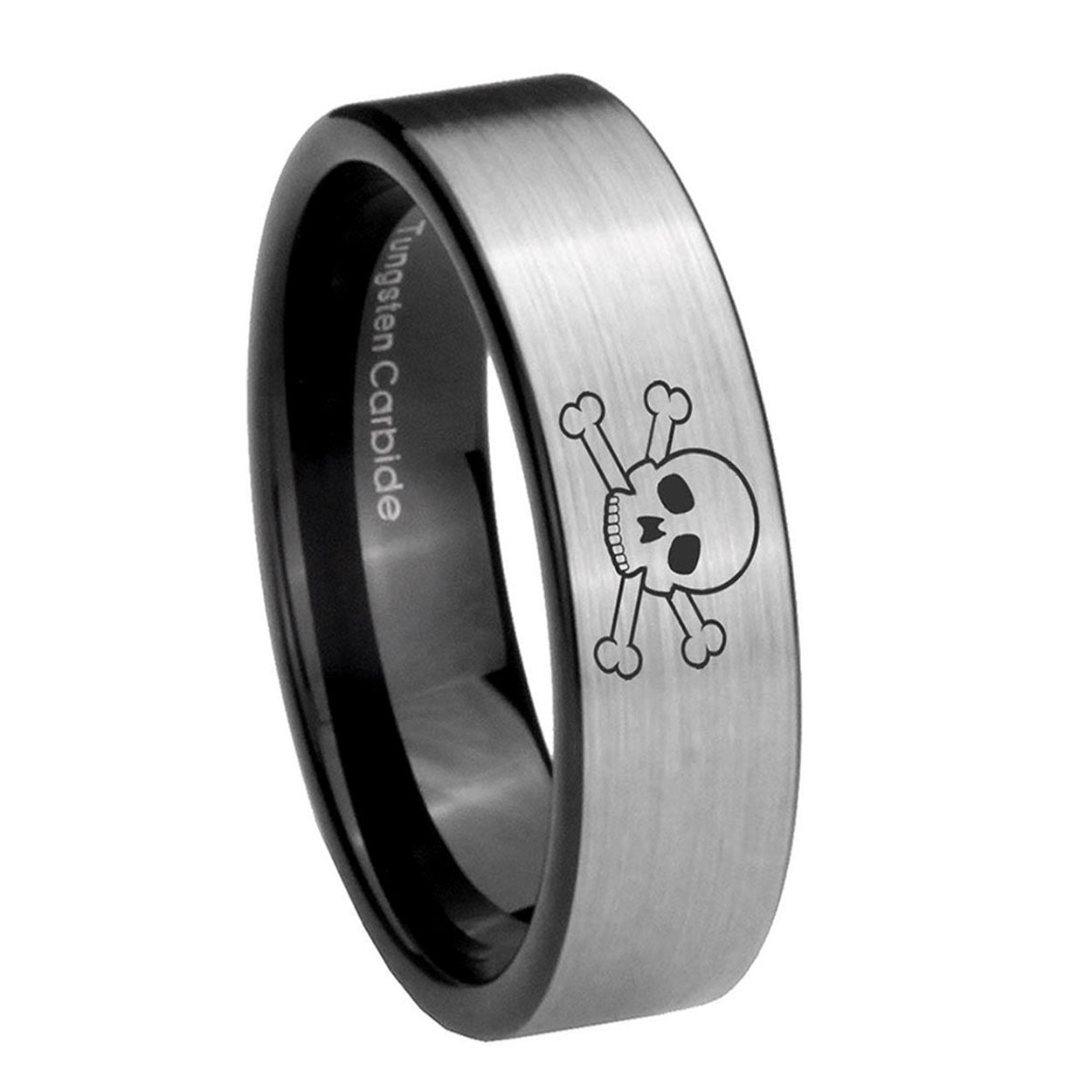 8mm Skull Pipe Cut Brushed Silver Tungsten Engagement Ring
