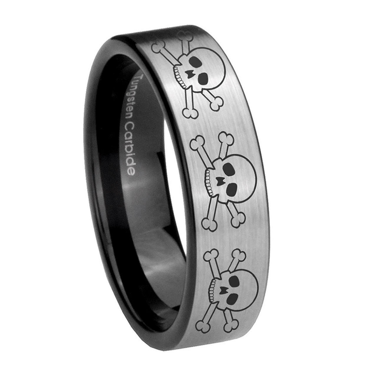 8mm Multiple Skull Pipe Cut Brushed Silver Tungsten Ring