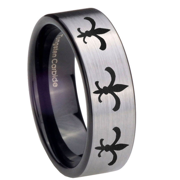8mm-Multiple-Fleur-De-Lis-Pipe-Cut-Brushed-Silver-Tungsten-Carbide-Men's-Ring