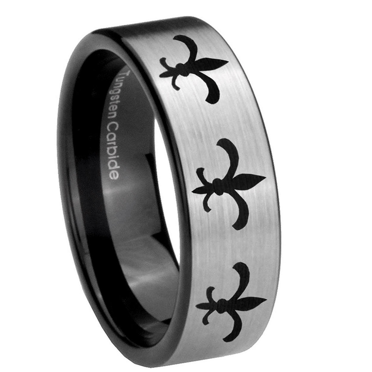 8mm Multiple Fleur-De-Lis Pipe Cut Silver Tungsten Ring