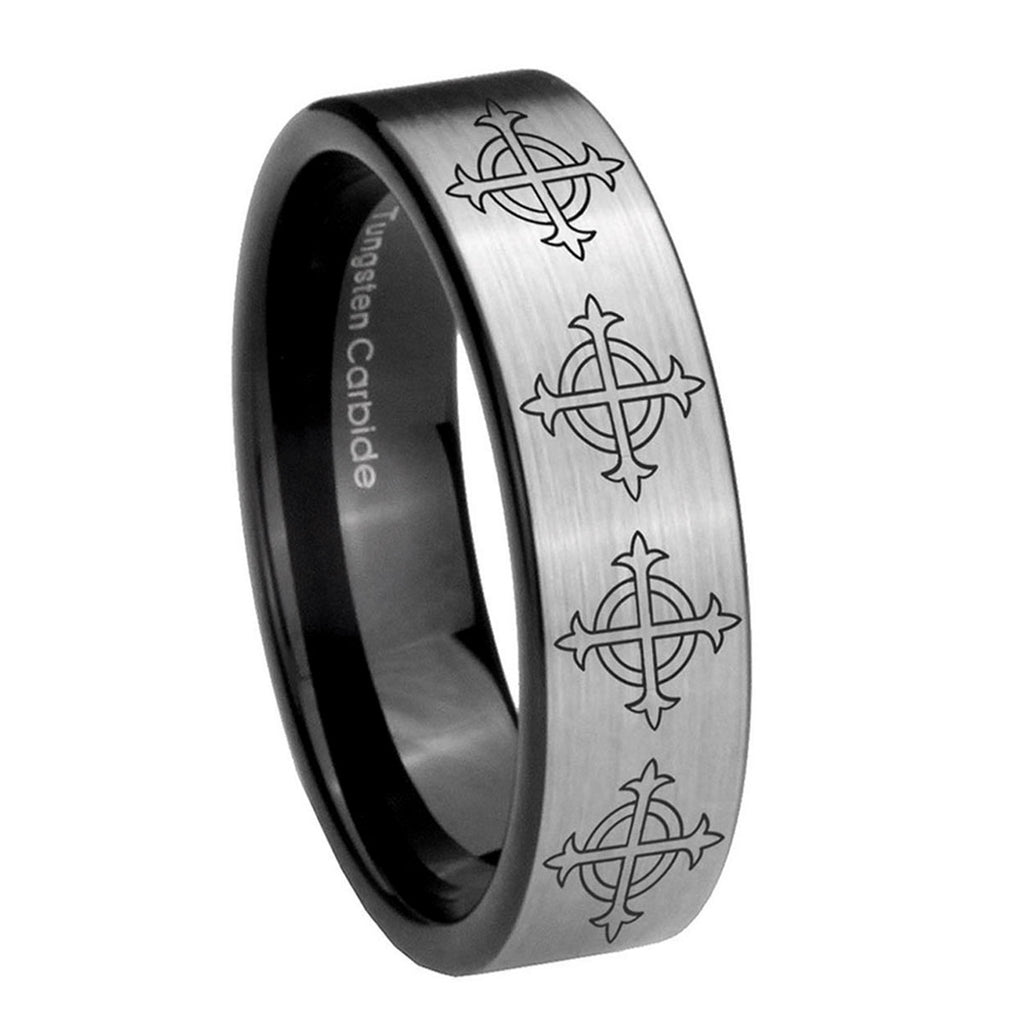 8mm Multiple Crosses Pipe Cut Silver Tungsten Ring Engraved