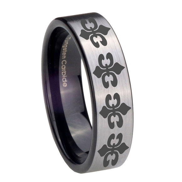 8mm-Multiple-Fleur-De-Lis-Pipe-Cut-Brushed-Silver-Tungsten-Wedding-Band-Mens