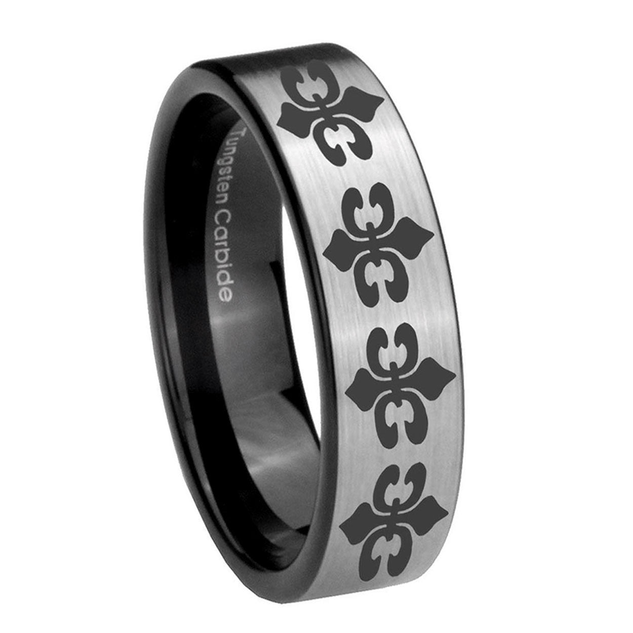 8mm Multiple Fleur-De-Lis Pipe Cut Silver Tungsten Ring Mens