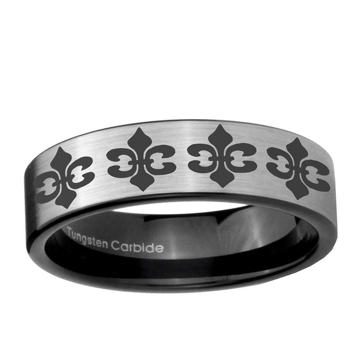 6mm Multiple Fleur-De-Lis Pipe Cut Silver Tungsten Ring Mens