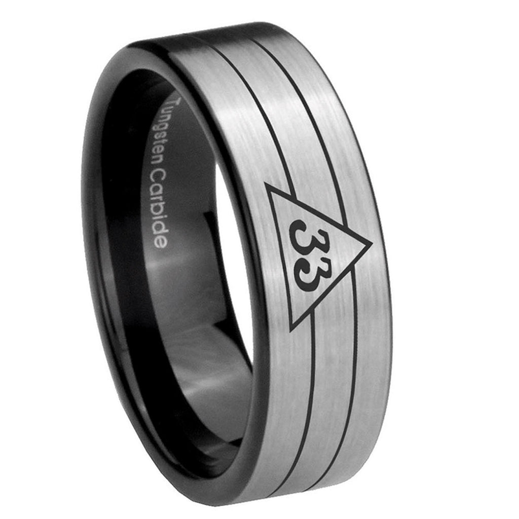 8mm Masonic 32 Duo Line Freemason Pipe Cut Silver Tungsten Ring