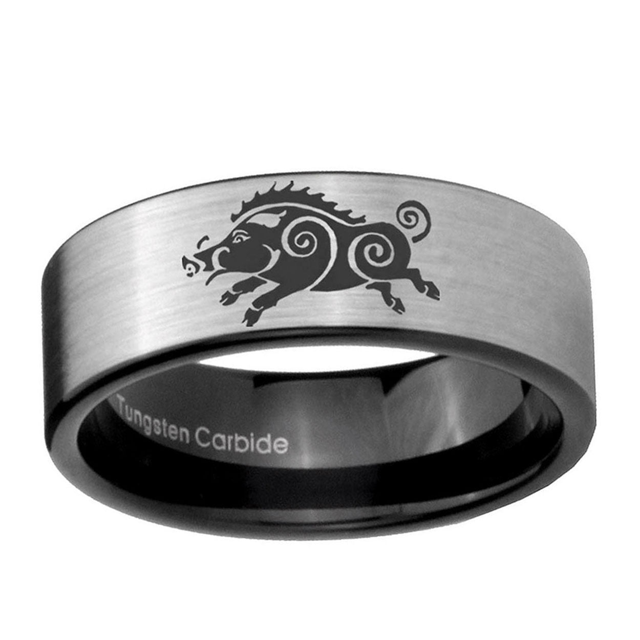 6mm Wild Boar Pipe Cut Brushed Silver Tungsten Ring for Men
