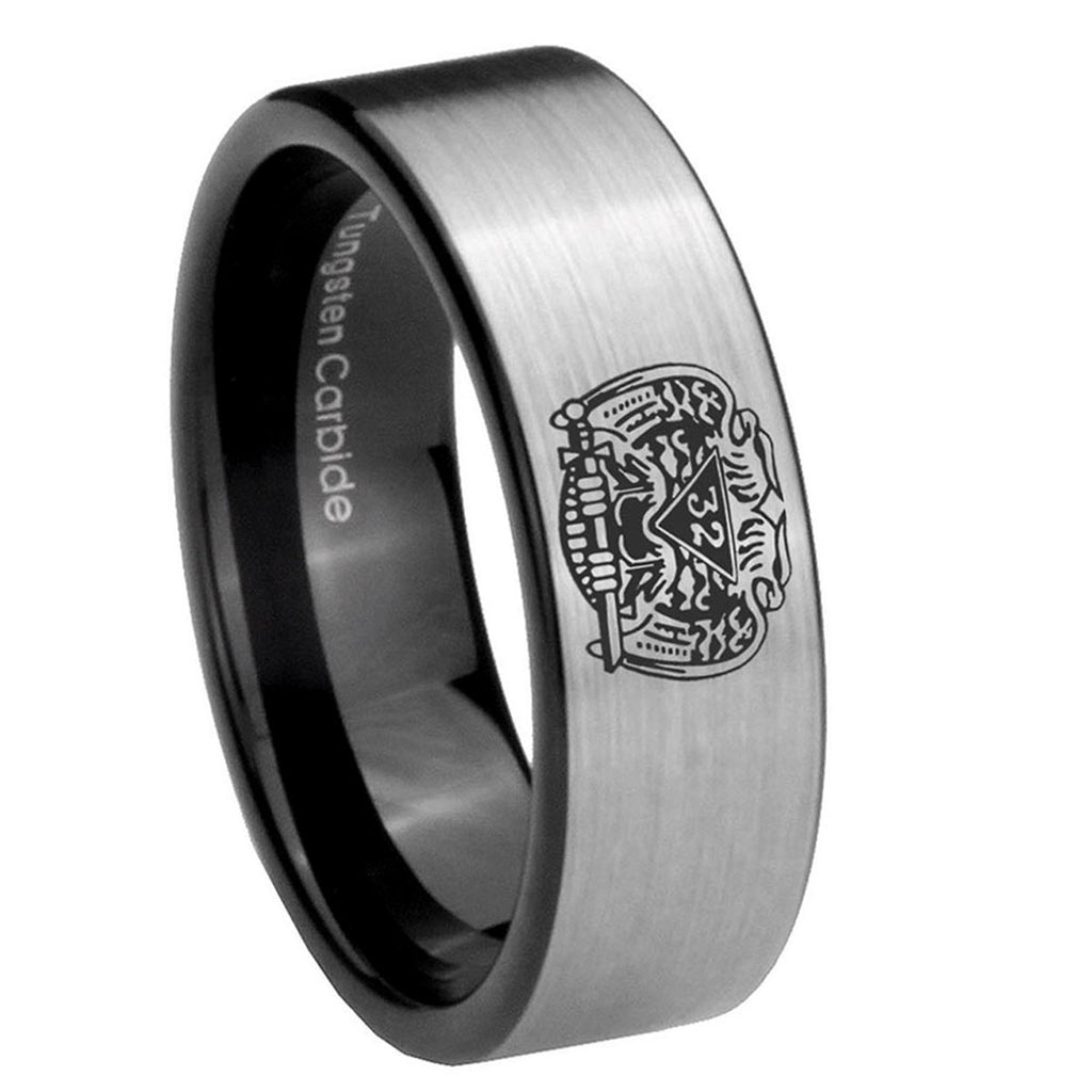 8mm Masonic 32 Degree Freemason Pipe Cut Silver Tungsten Ring