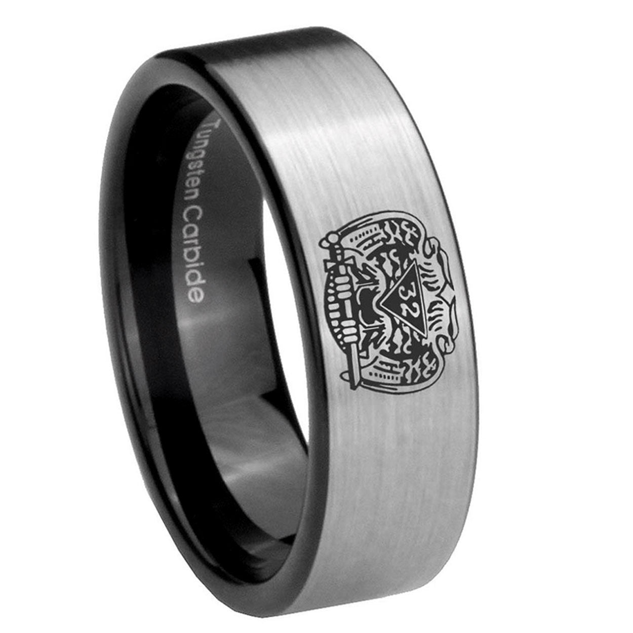 8mm Masonic 32 Degree Freemason Pipe Cut Silver Tungsten Ring
