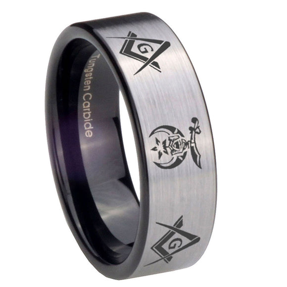 8mm-Masonic-Shriners-Pipe-Cut-Brushed-Silver-Tungsten-Custom-Ring-for-Men