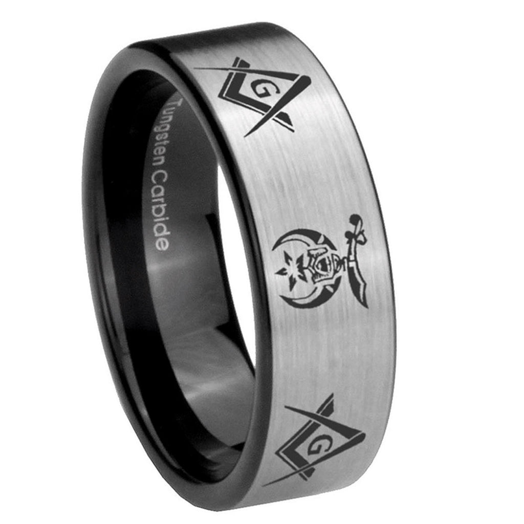 8mm Masonic Shriners Pipe Cut Brushed Silver Tungsten Ring