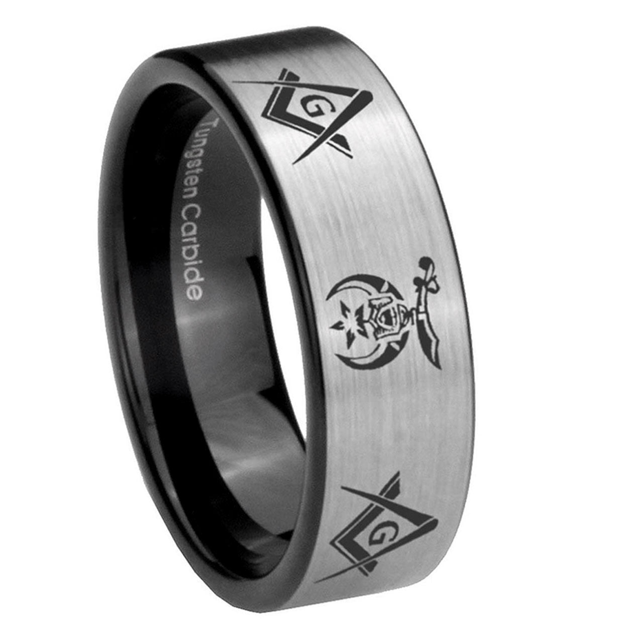 8mm Masonic Shriners Pipe Cut Brushed Silver Tungsten Ring