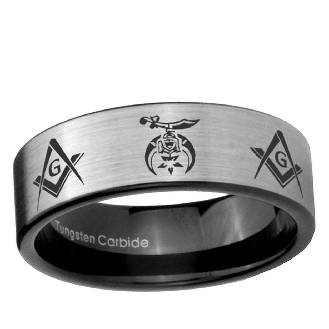 6mm Masonic Shriners Pipe Cut Brushed Silver Tungsten Ring
