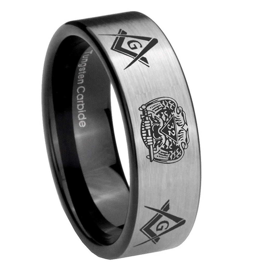 8mm Masonic 32 Design Pipe Cut Brushed Silver Tungsten Bands