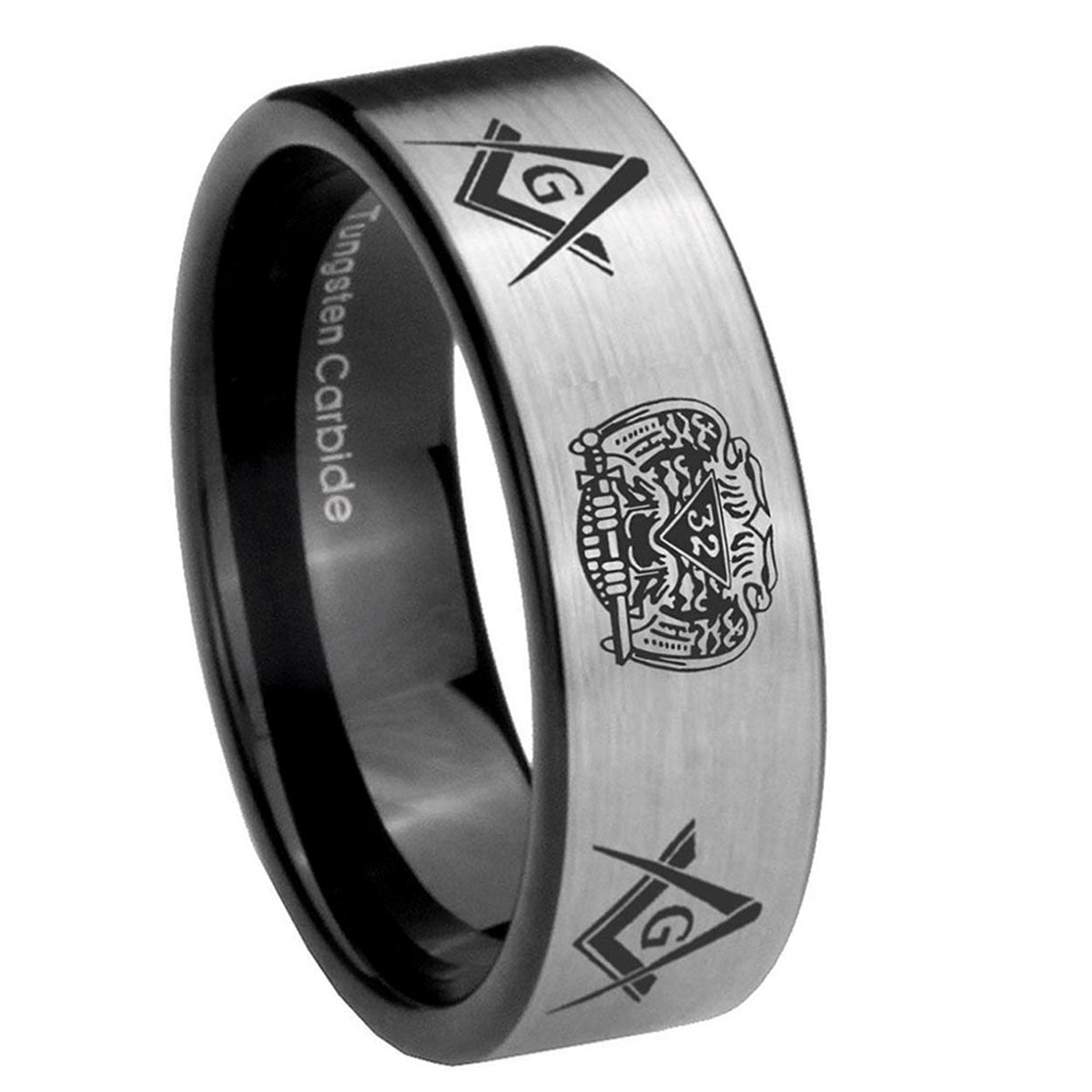 8mm Masonic 32 Design Pipe Cut Brushed Silver Tungsten Bands