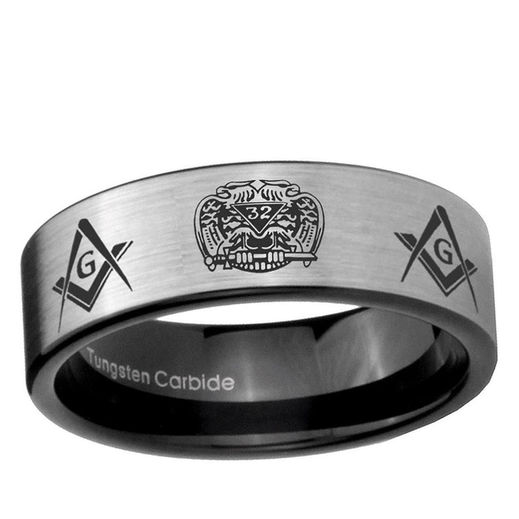 6mm Masonic 32 Design Pipe Cut Brushed Silver Tungsten Bands