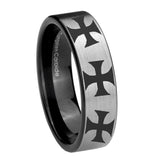 8mm Multiple Maltese Cross Pipe Cut Brushed Silver Tungsten Mens Wedding Band