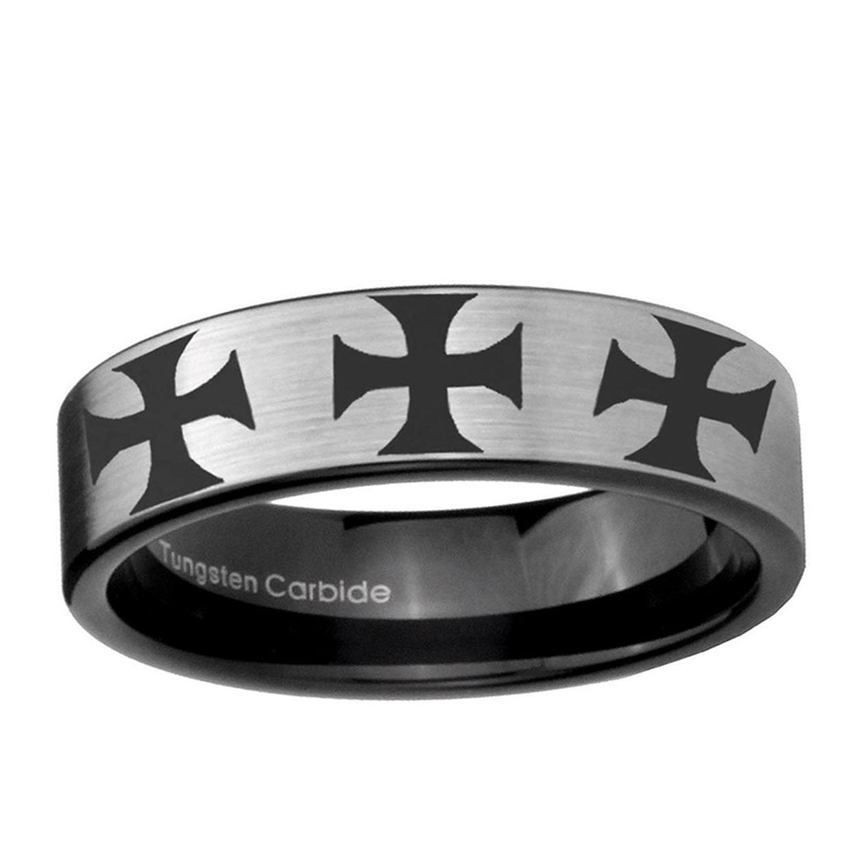 6mm Multiple Maltese Cross Pipe Cut Silver Tungsten Band