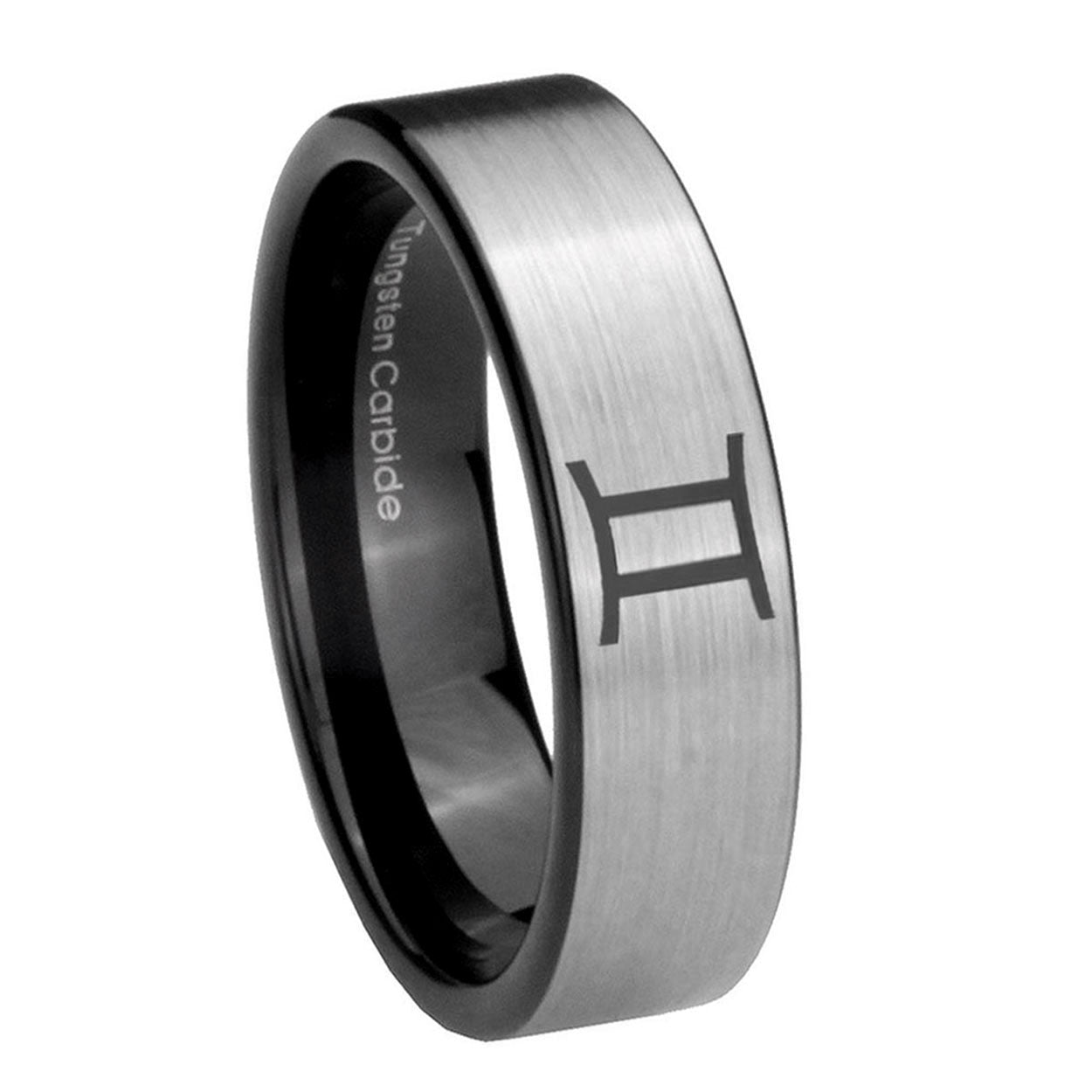 8mm Gemini Zodiac Pipe Cut Brushed Silver Tungsten Men Bands