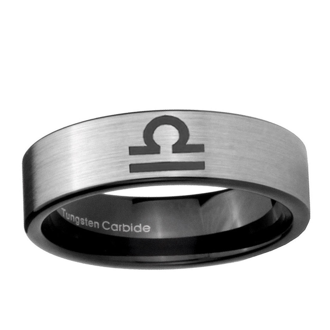 6mm Libra Horoscope Pipe Cut Brushed Silver Tungsten Ring