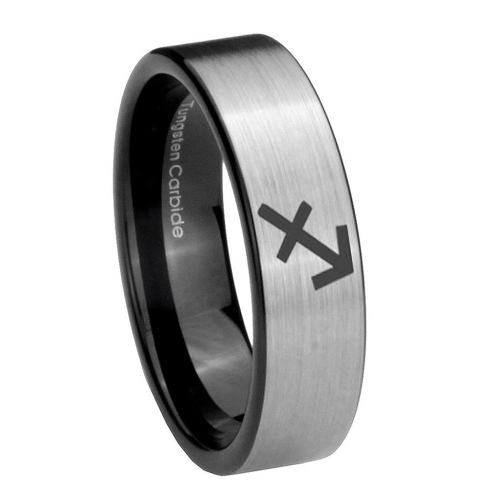 8mm Sagittarius Zodiac Pipe Cut Brushed Silver Tungsten Ring