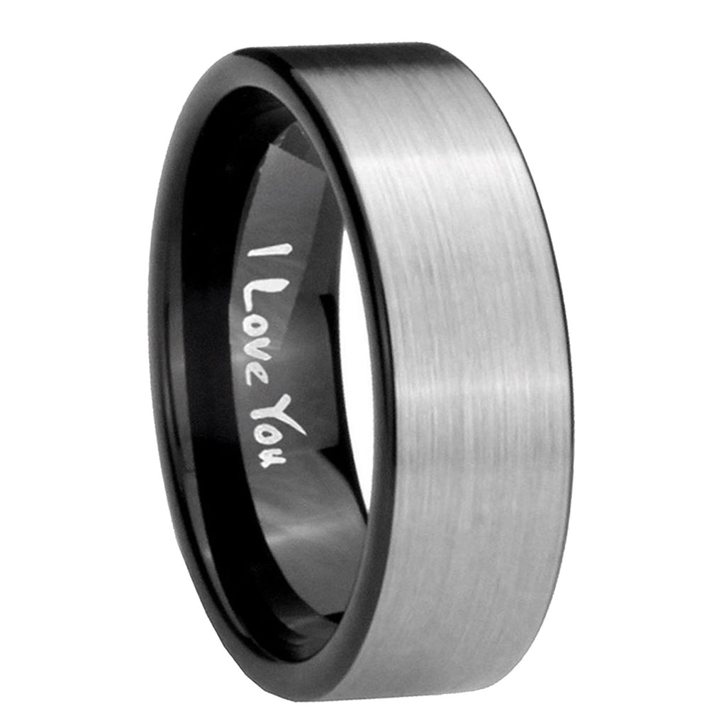 8mm I Love You Pipe Cut Brushed Silver Tungsten Wedding Ring