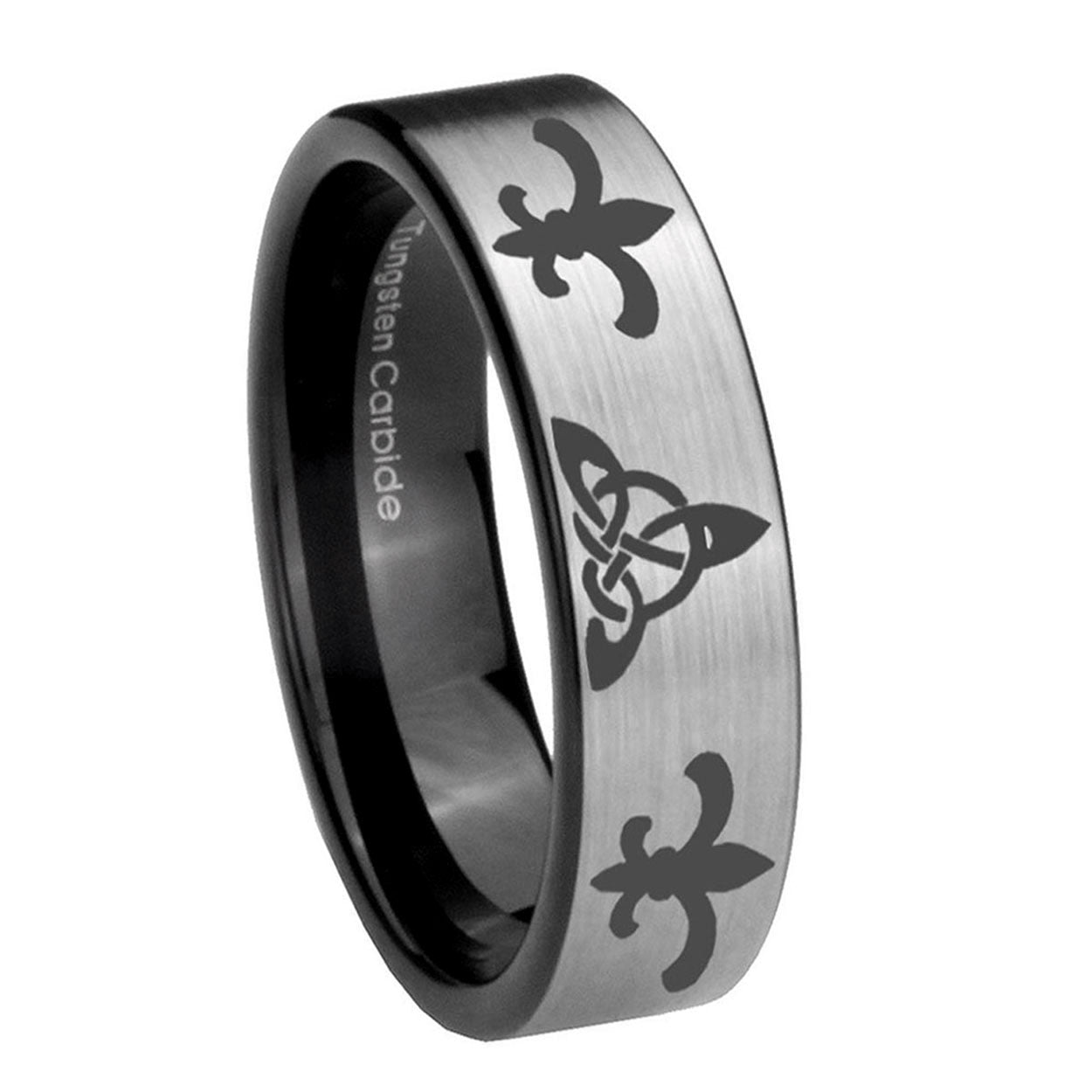 8mm Celtic Triangle Fleur-De-Lis Pipe Cut Silver Tungsten Ring